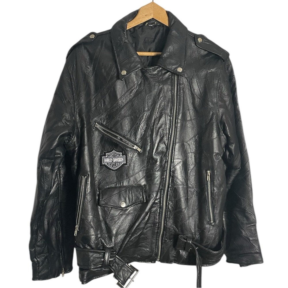 Black Harley Davidson Leather Bomber Jacket with Embroidered Crest